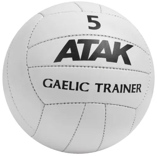 White Gaelic training ball with 'ATAK' branding on a white background