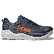 Blue running shoe with orange 'Hoka' logo on a white background