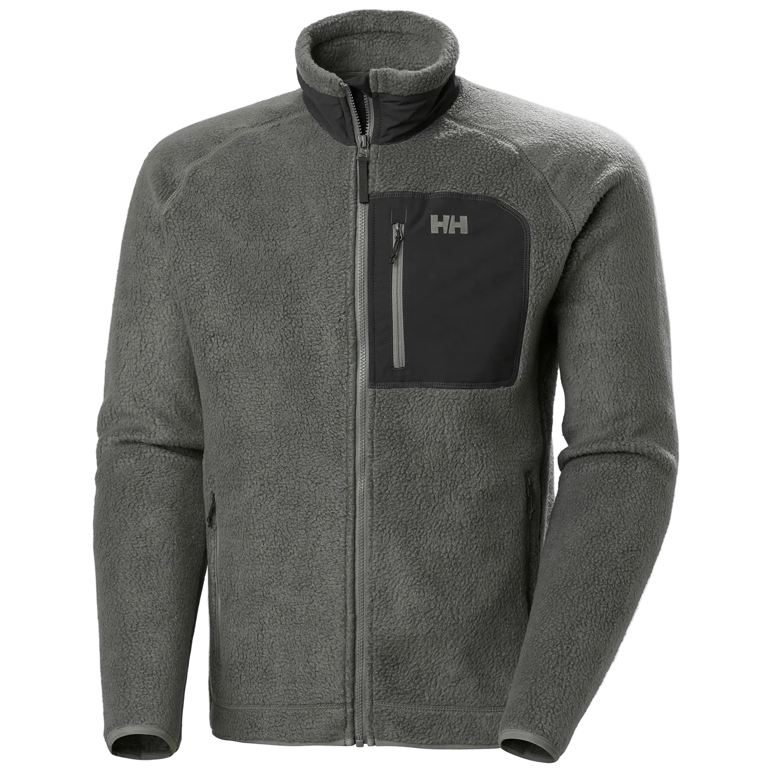 Gray fleece jacket with a brand logo on a light gray background