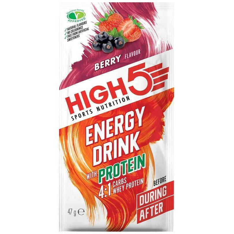 High5 energy drink protein package with berry flavor on a white background