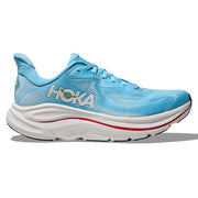 Blue running shoe with white sole on a white background