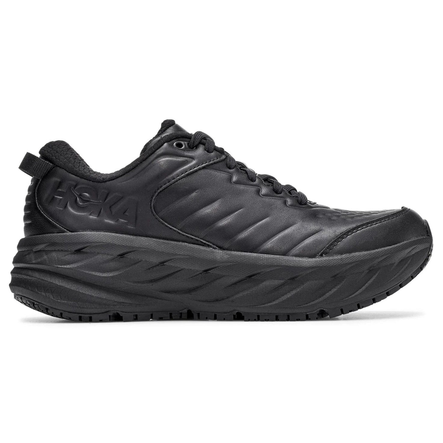 A black HOKA running shoe shown from the side against a plain white background.