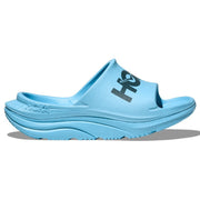 Light blue slide sandal with a brand logo on a white background