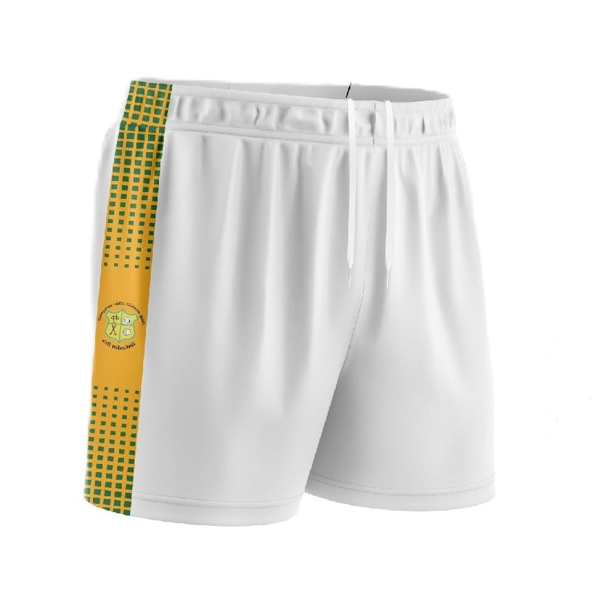 White shorts with a yellow and green stripe on a white background