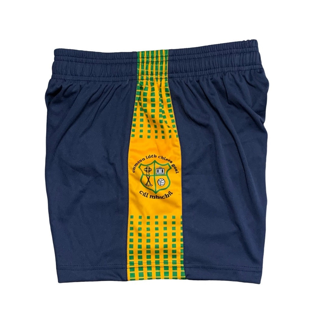 Navy blue shorts with yellow and green pattern on a white background