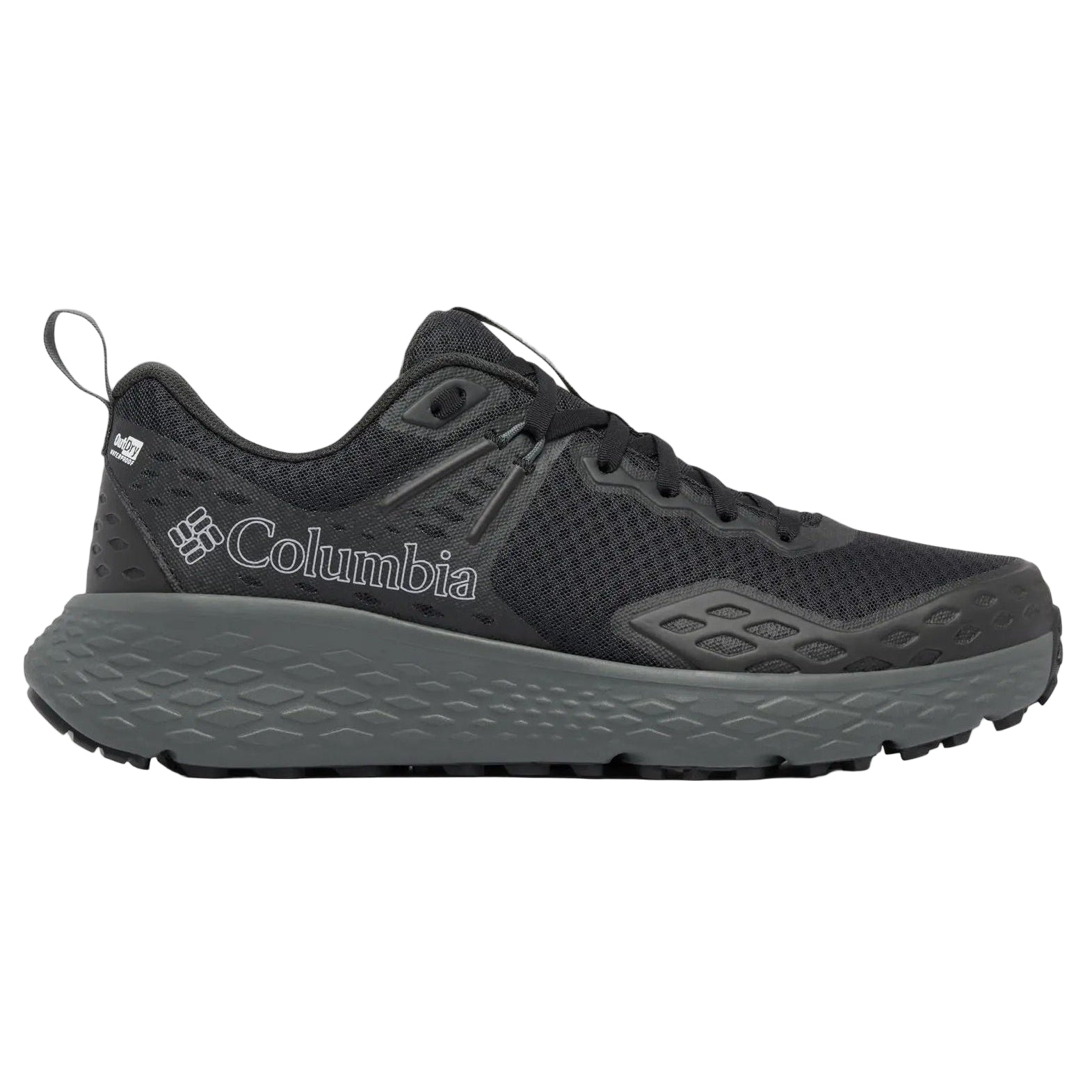 Black Columbia hiking shoe on a white background
