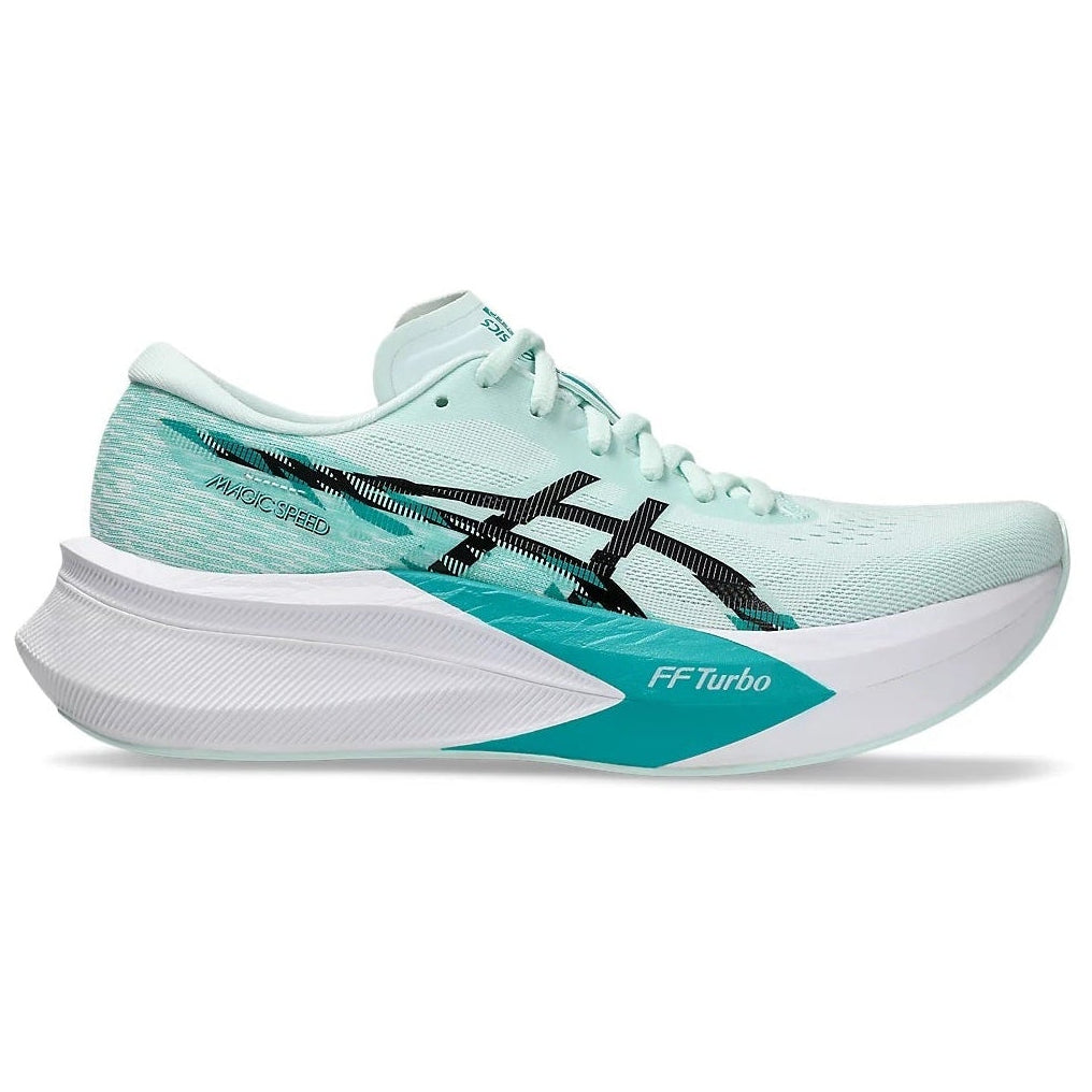 Light blue running shoe with white sole on a white background