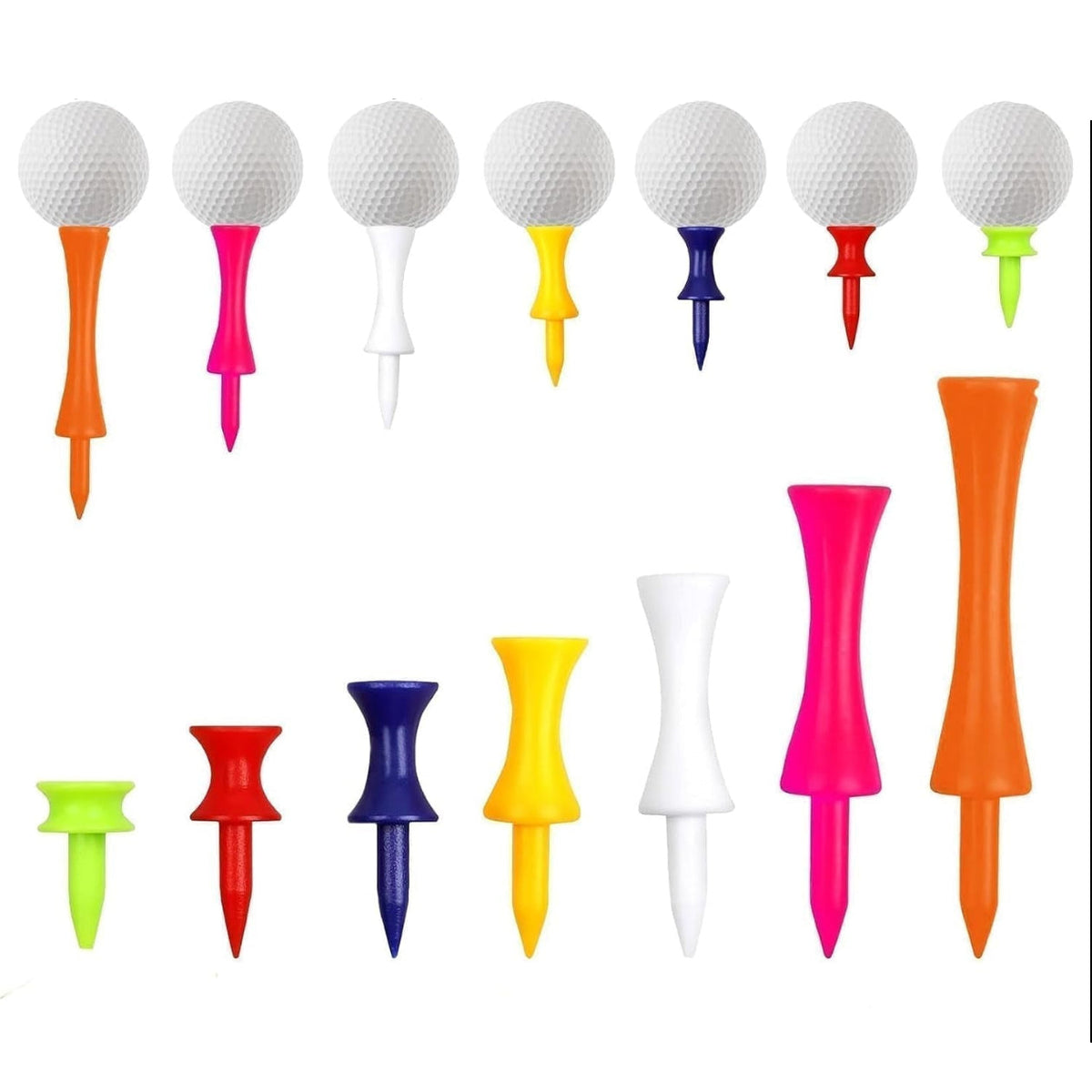 A set of colorful golf tees and golf balls arranged on a white background with a strip of green grass along the bottom. The tees come in multiple bright colors including orange, pink, white, yellow, red, blue, and green.