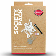 Golf accessories packaging with golf tees, divot tool, and pen on a brown background
