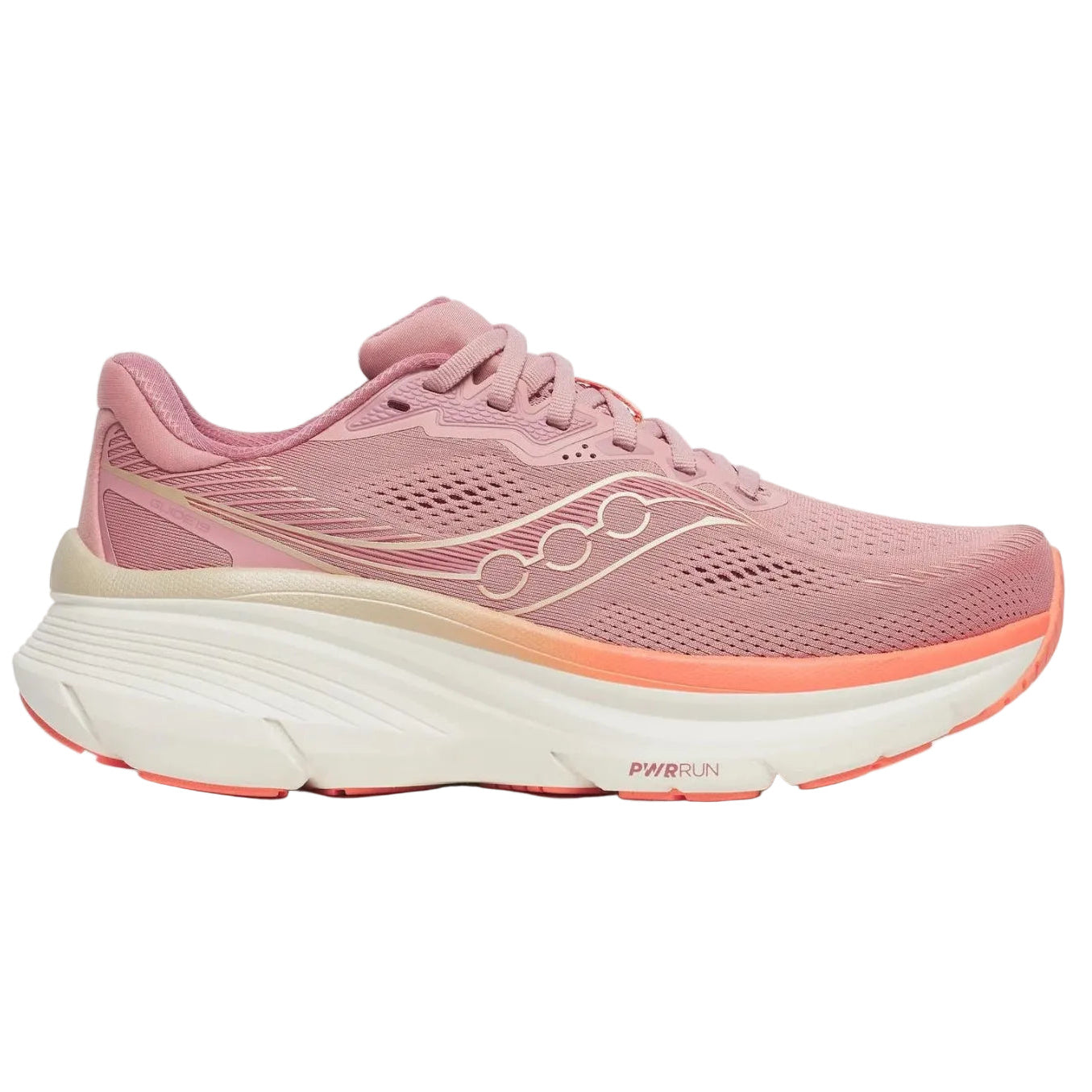 Pink running shoe with white sole on a white background