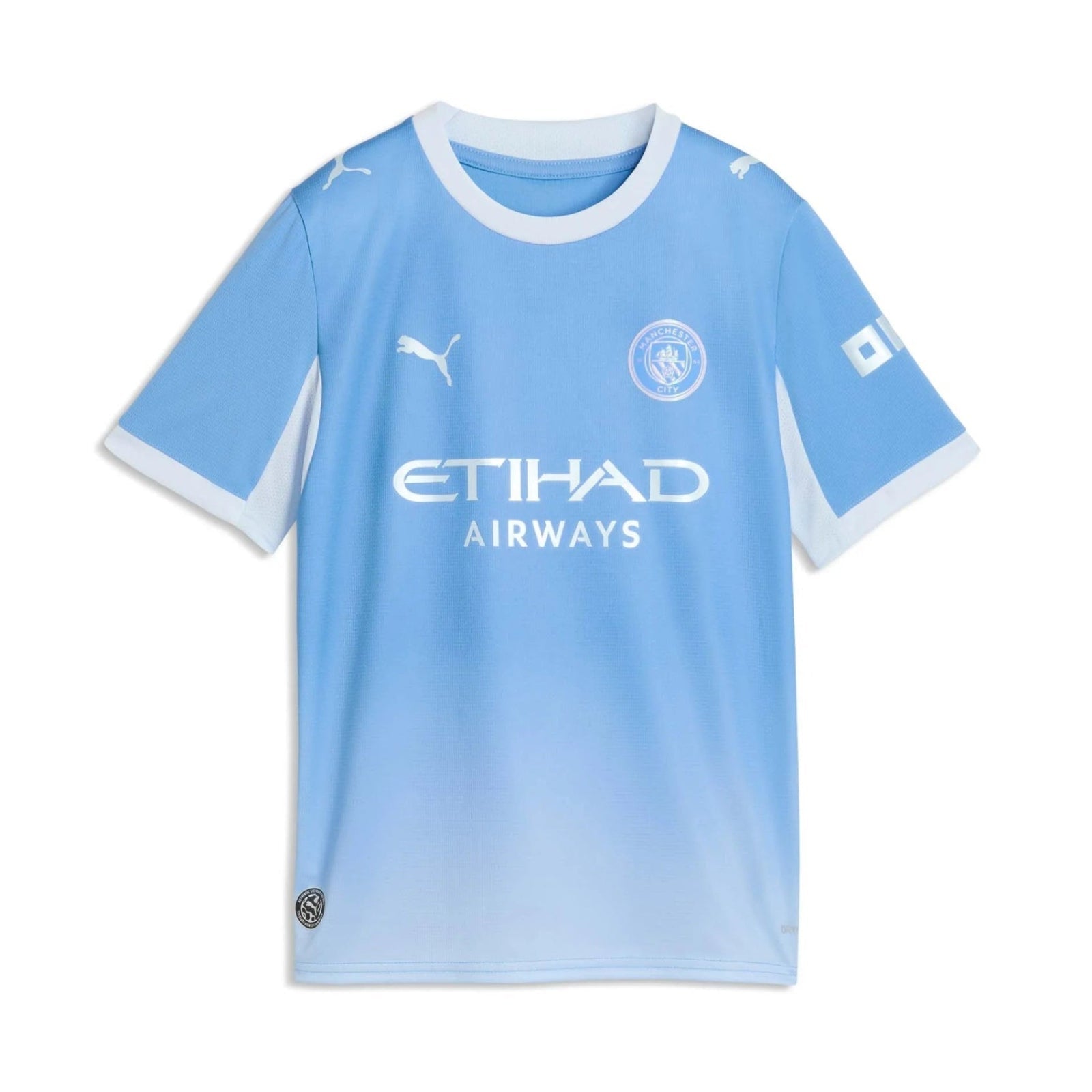 A light blue gradient Manchester City football jersey with white Puma logos, the Manchester City crest, and 'ETIHAD AIRWAYS' sponsor text, shown on a plain white background.
