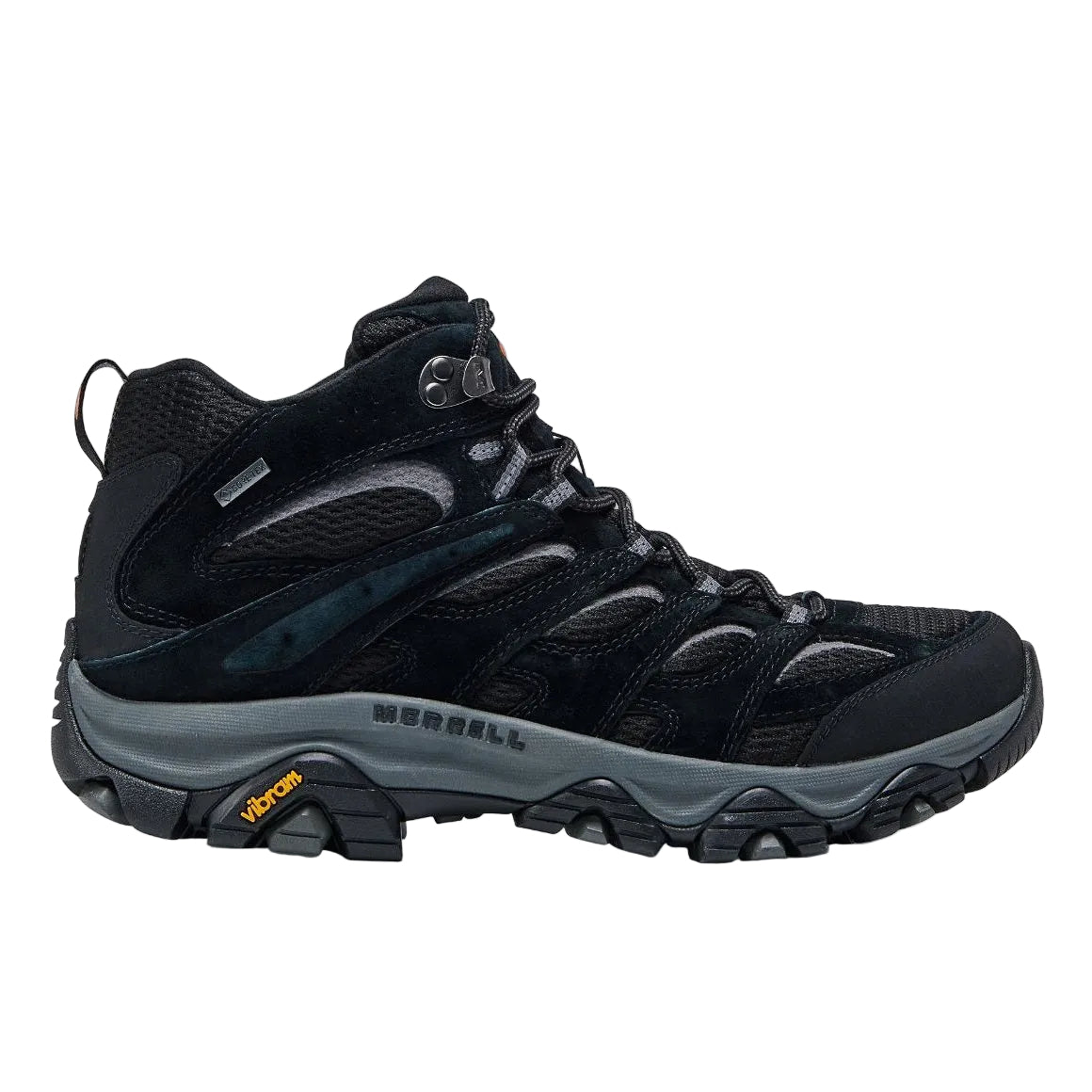 Black hiking boot with visible Merrell branding on a white background