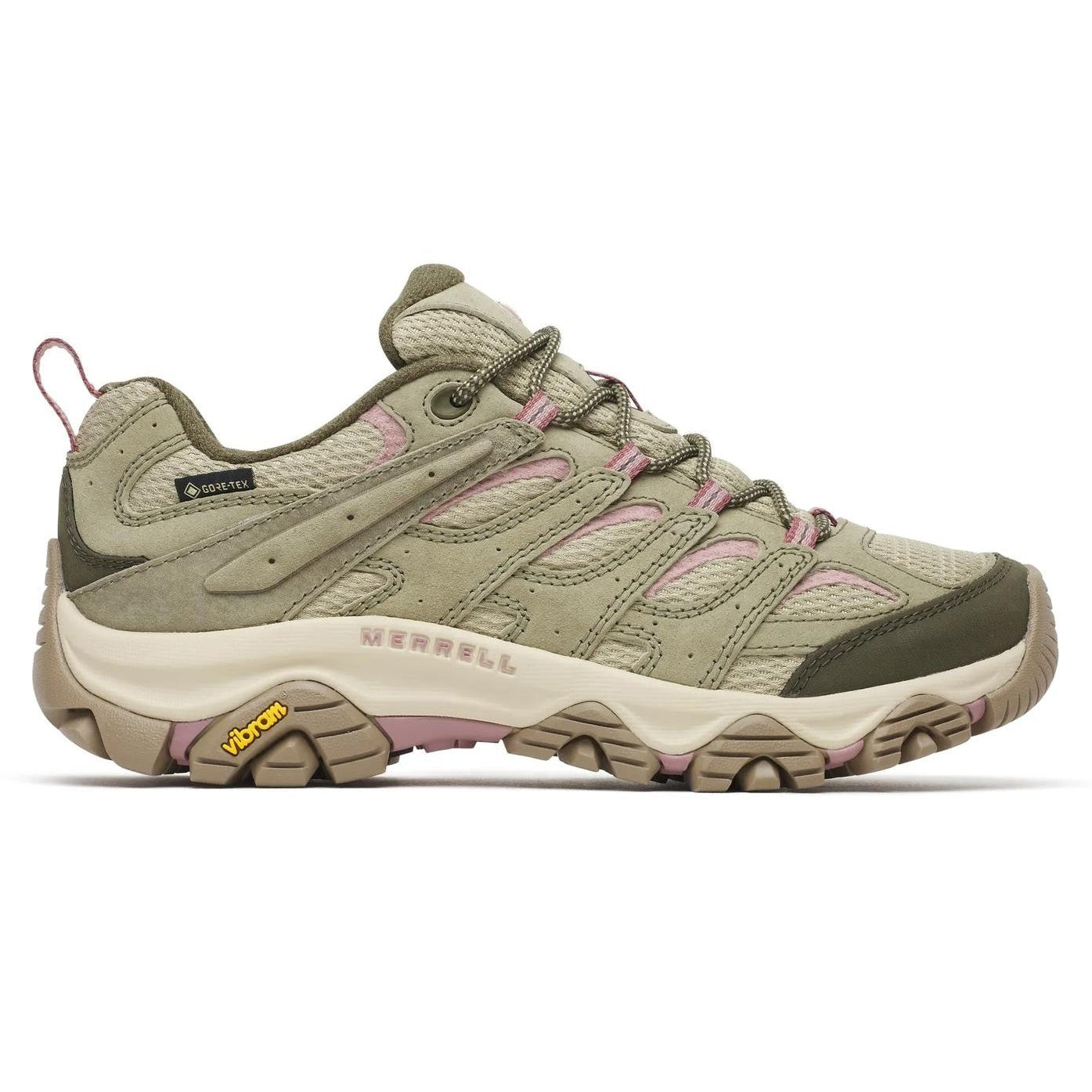 A Merrell hiking shoe in olive green and beige with light pink accents, shown from the side profile on a white background.