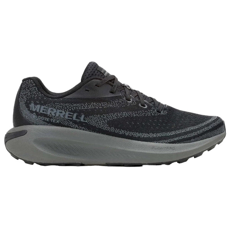Black running shoe with gray sole on a white background