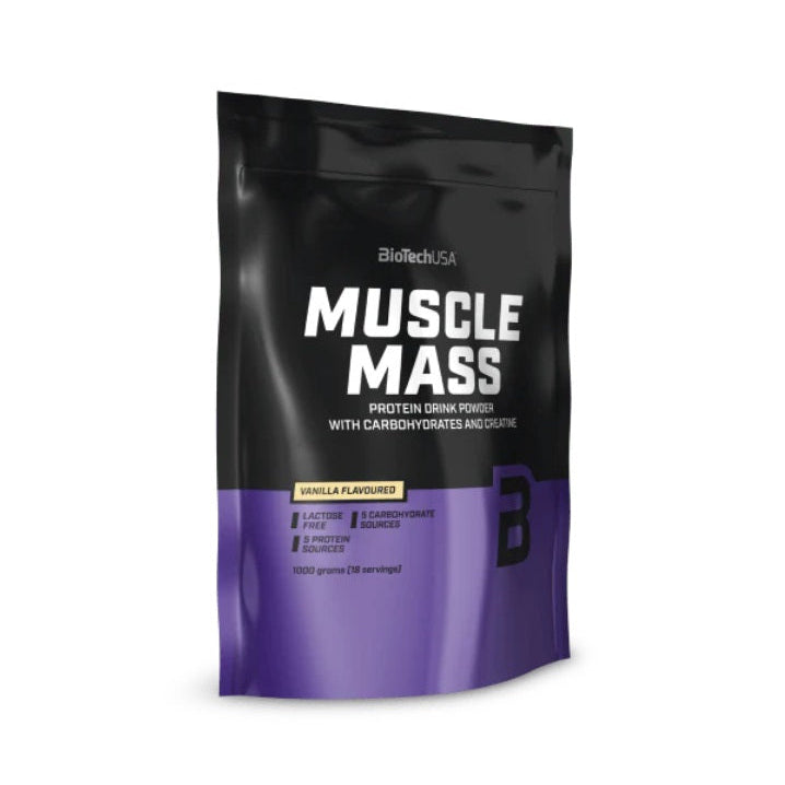BioTech USA Muscle Mass protein drink powder in a black and purple resealable stand-up pouch, shown on a white background.