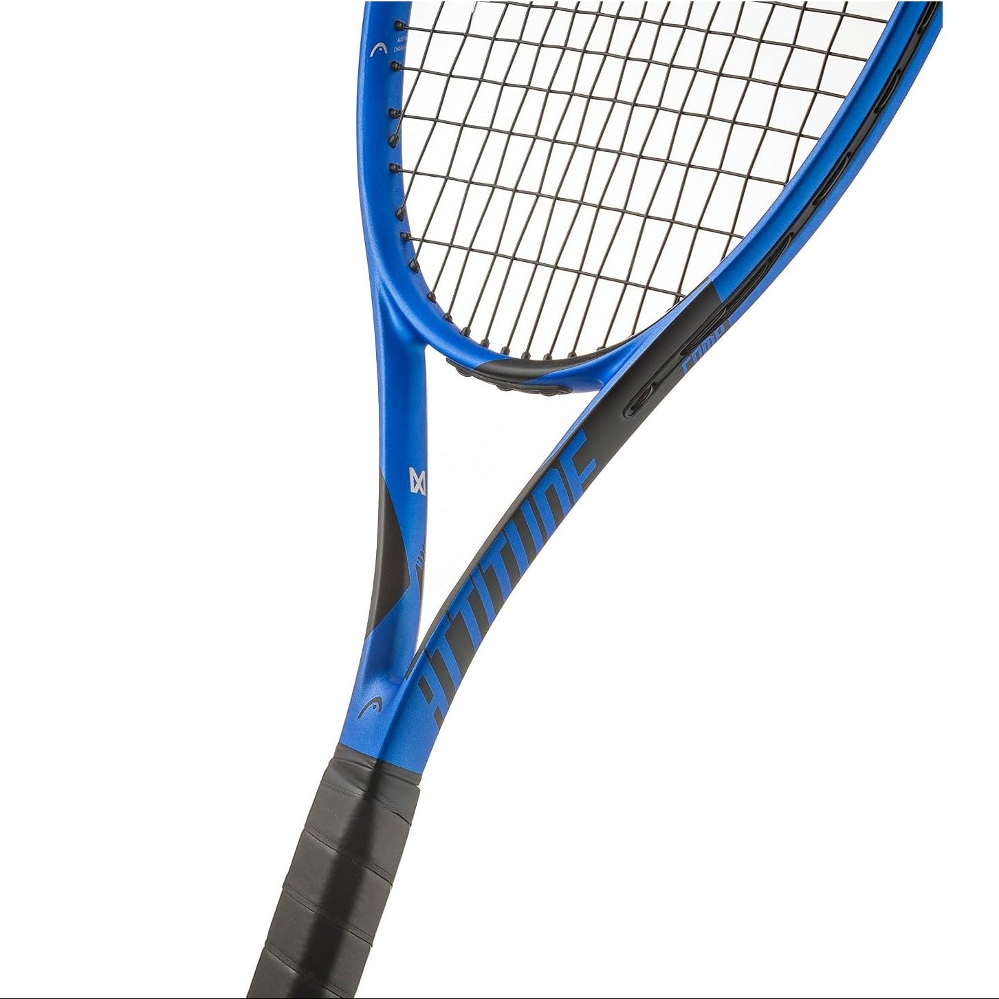 A close-up of a tennis racket showing the blue and black head and strings against a solid white background.