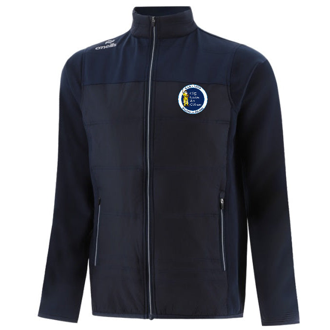 Black jacket with a logo on the chest against a white background