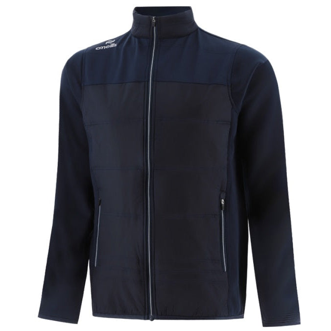 Navy blue jacket with a brand logo on a white background