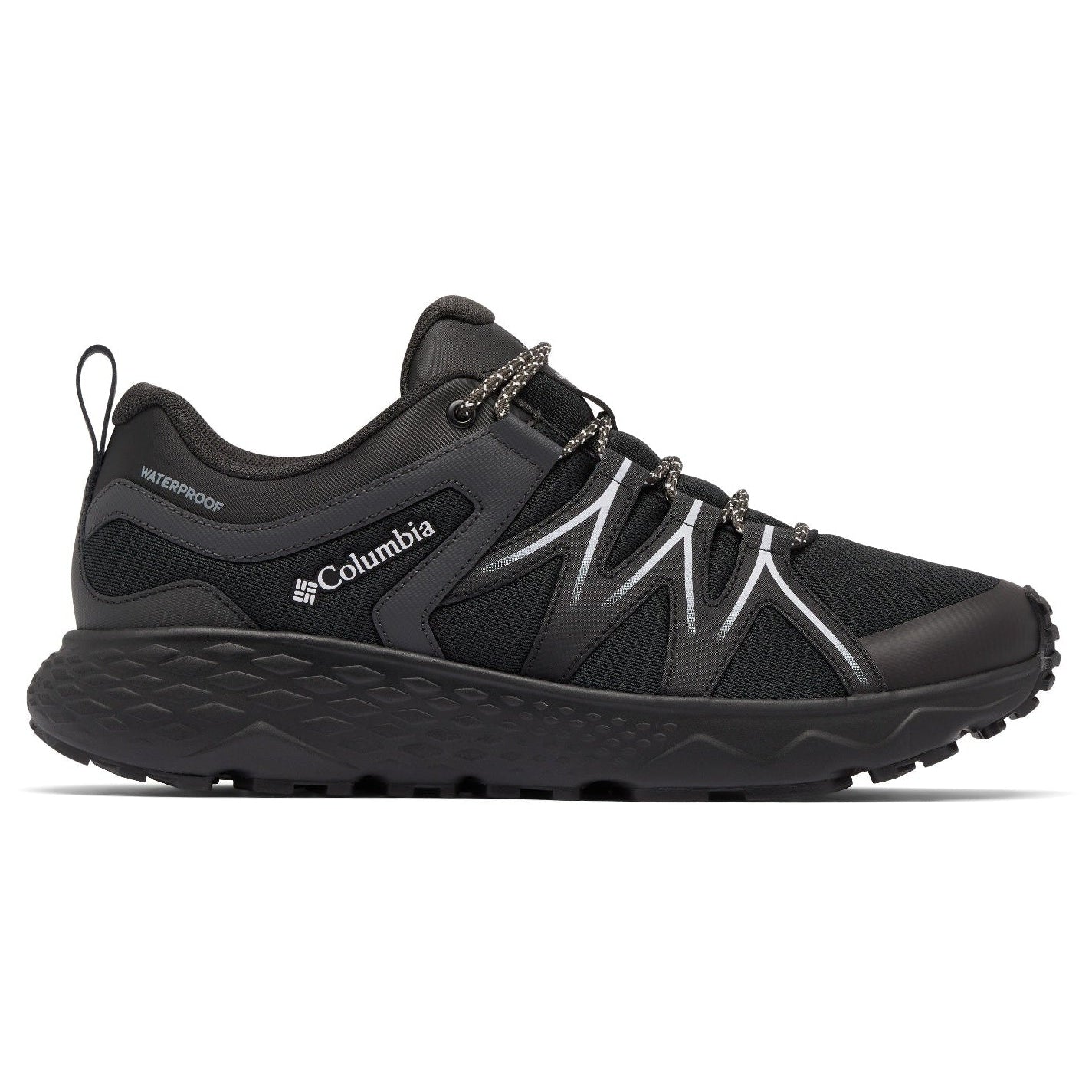 Black Columbia hiking shoe on a white background