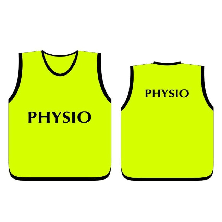 Front and back views of a neon yellow mesh bib vest with black trim and the word 'PHYSIO' printed in black across the chest, shown on a white background with color and material labels.