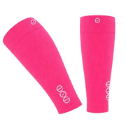 Two bright pink arm sleeves with a logo on a white background