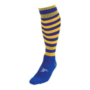 Blue and yellow striped sock on a white background