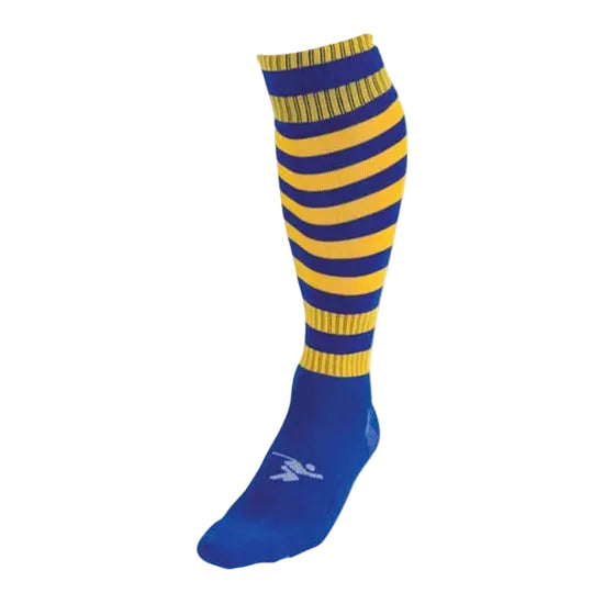 Blue and yellow striped sock on a white background