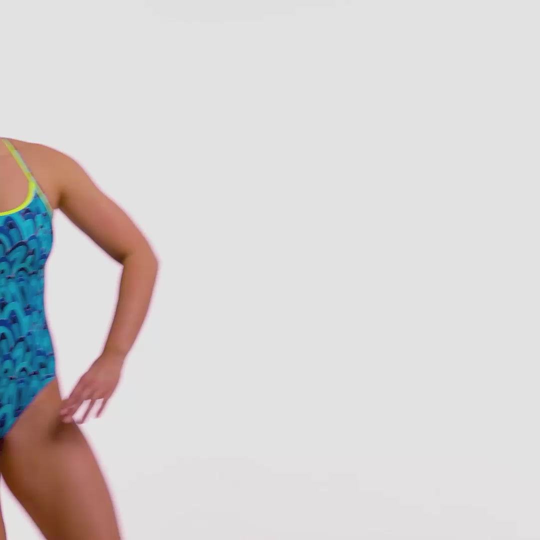 Load video: Funkita Hill Billy Blues Ladies Diamond Back One Piece
