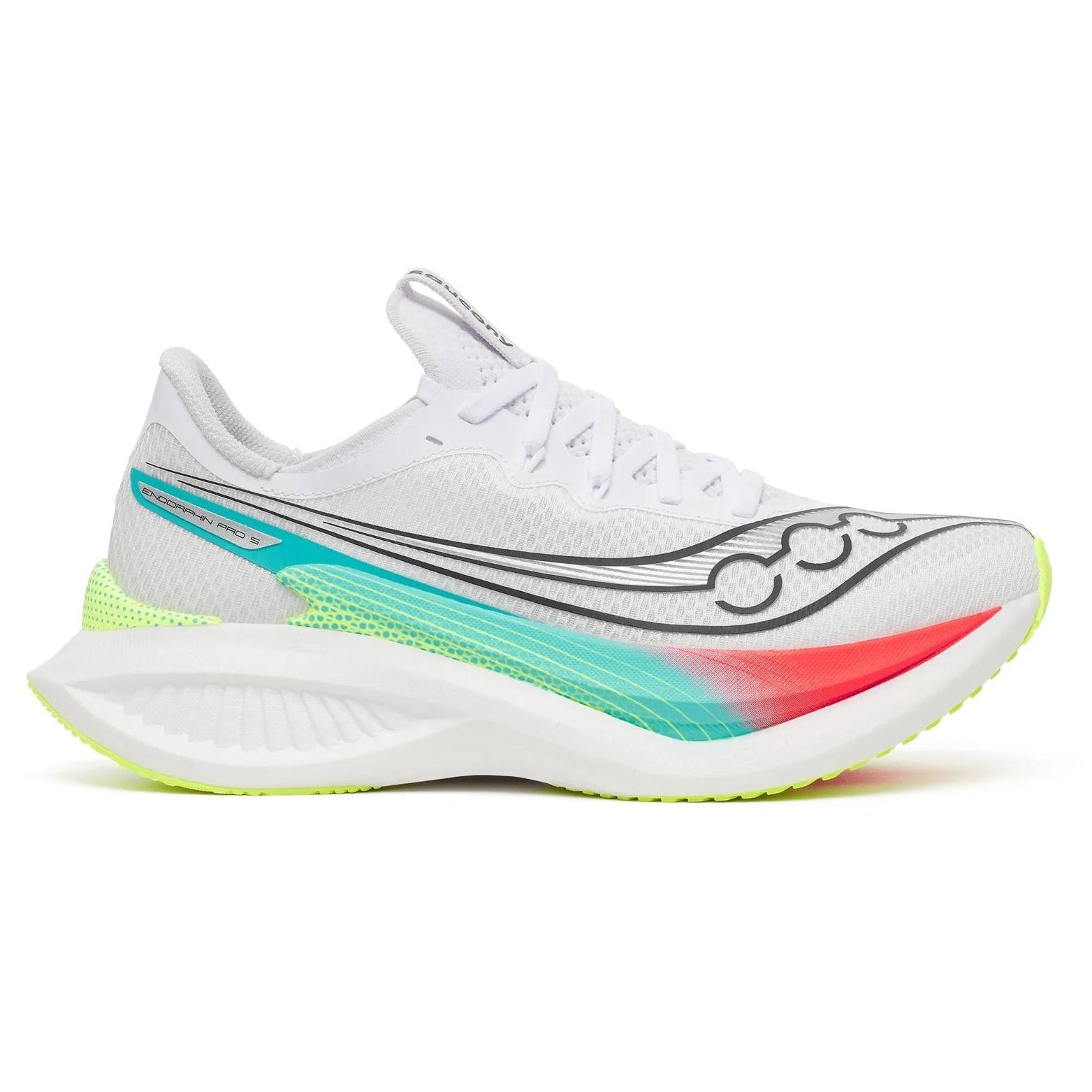 A white Saucony running shoe with vibrant neon accents, featuring a white mesh upper, a white cushioned midsole, and colorful side stripes in teal, pink, and lime green.