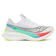 A white Saucony running shoe with vibrant neon accents, featuring a white mesh upper, a white cushioned midsole, and colorful side stripes in teal, pink, and lime green.
