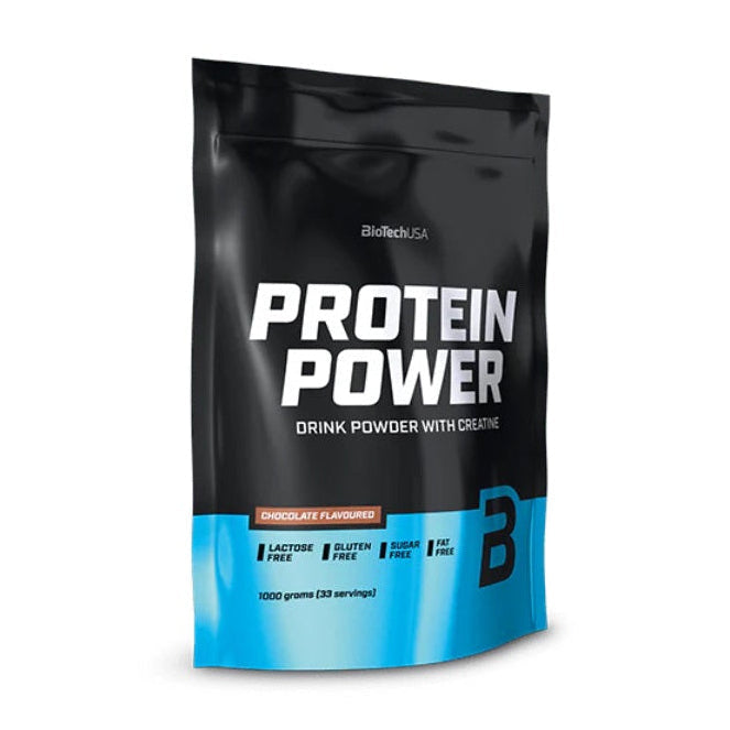 BioTech GA Protein Power drink powder in a black and blue resealable stand-up pouch, shown on a white background.