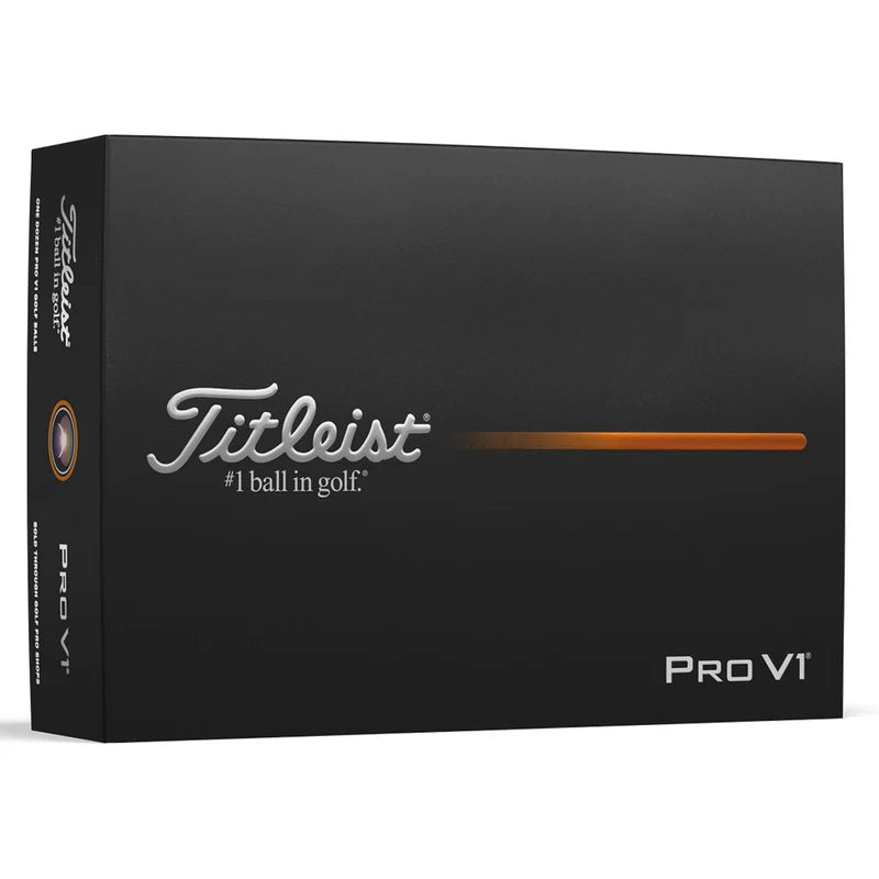 A black Titleist Pro V1 golf ball box with silver and orange branding, shown at a three-quarter angle on a white background.