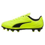 Bright yellow soccer cleat with black accents on a white background