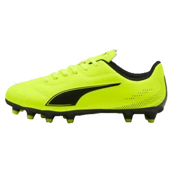 Bright yellow soccer cleat with black accents on a white background