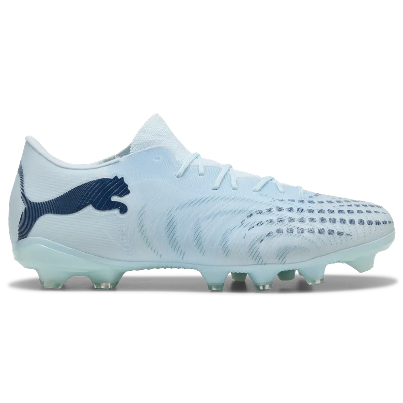 Light blue soccer cleat with a dark blue cat logo on a white background