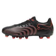 Black soccer cleats with red accents on a white background