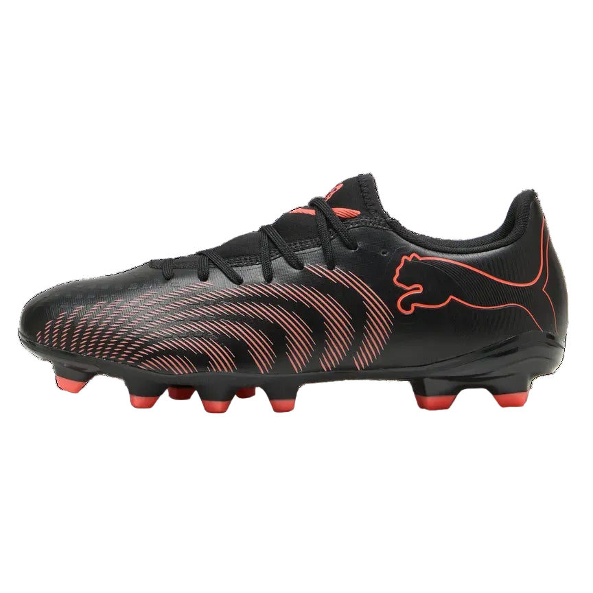 Black soccer cleats with red accents on a white background