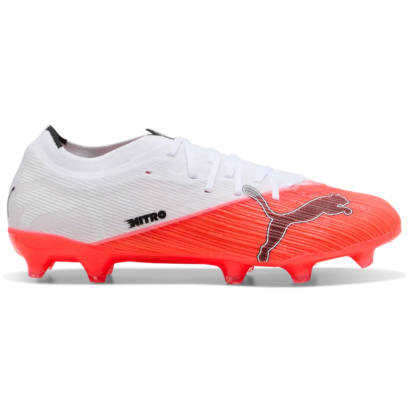 Puma Nitro soccer cleat in white and bright orange-red, featuring a black Puma cat logo and black Nitro text on the side, set against a plain white background.
