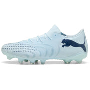 Light blue soccer cleat with a dark blue logo on a white background