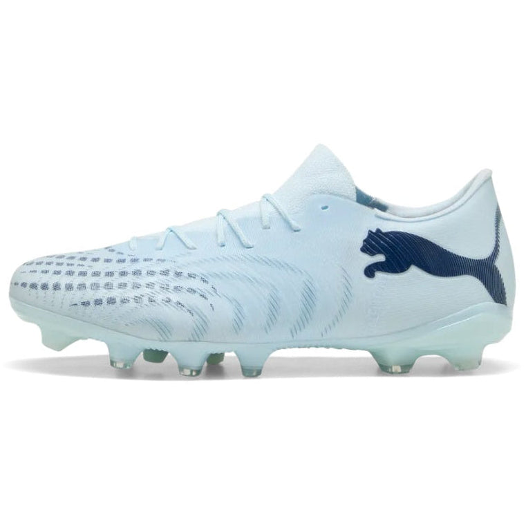 Light blue soccer cleat with a dark blue logo on a white background