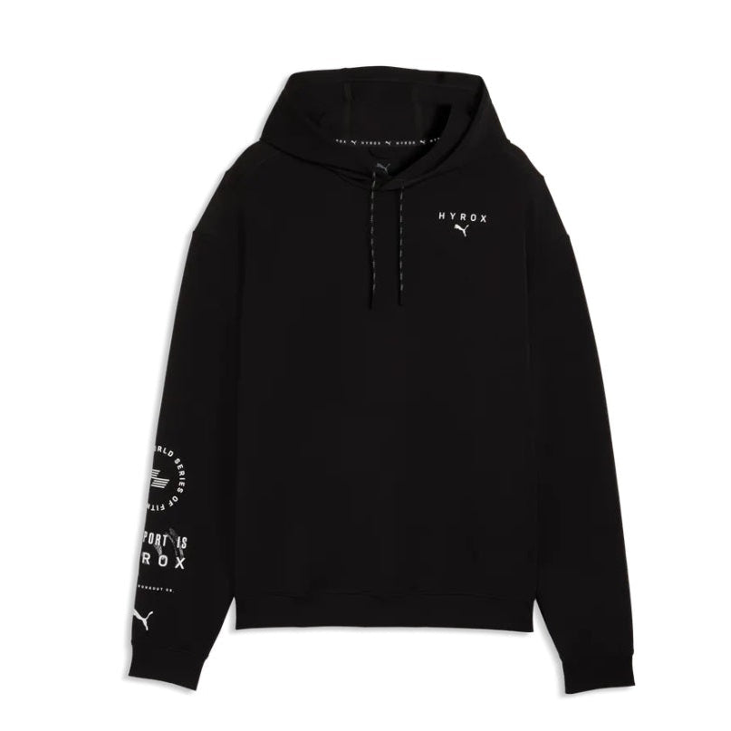 Black hoodie with branding on sleeves against a white background