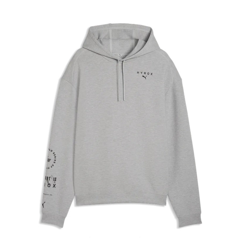 Gray hoodie with branding on a white background