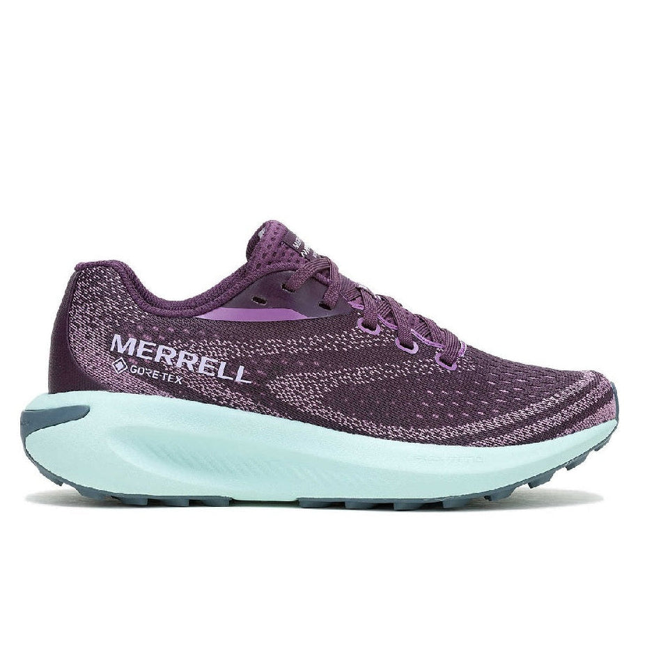 Purple running shoe with light blue sole on a white background