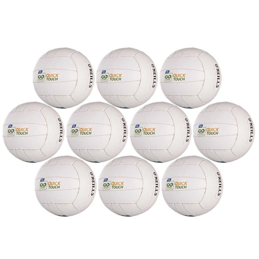 Set of 10 white balls with branding on a white background