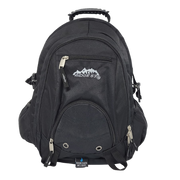 A black backpack with multiple zippered compartments, side pockets, and a silver mountain logo reading 'Ridge 63' on the front, shown against a plain white background.