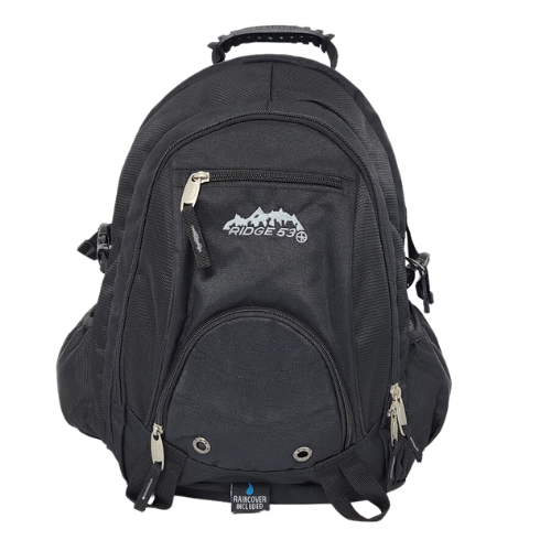 A black backpack with multiple zippered compartments, side pockets, and a silver mountain logo reading 'Ridge 63' on the front, shown against a plain white background.