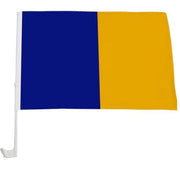 A square car window flag with a white plastic mounting clip, featuring a vertical split design of royal blue on the left and golden yellow on the right, shown against a plain white background.