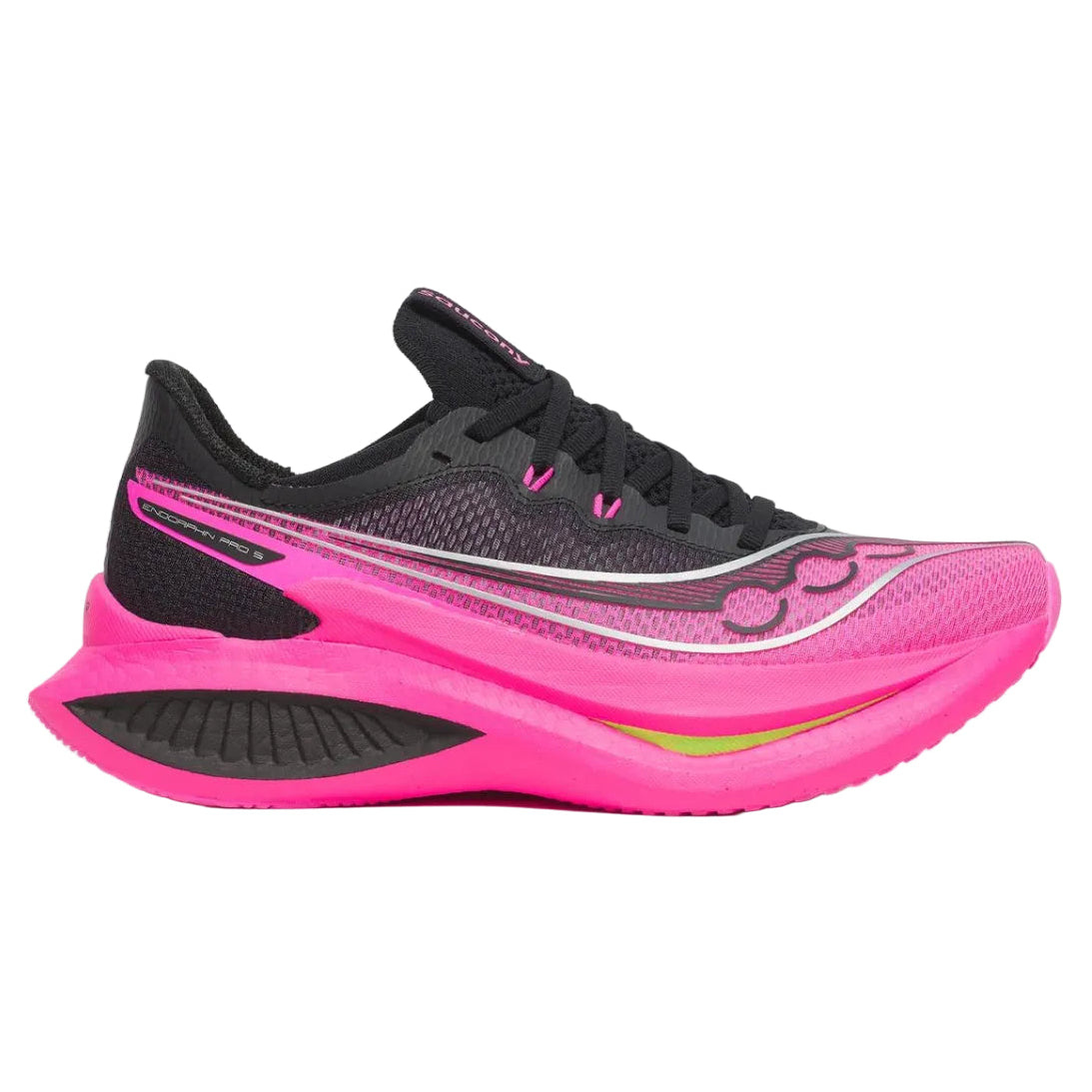Pink and black running shoe on a white background