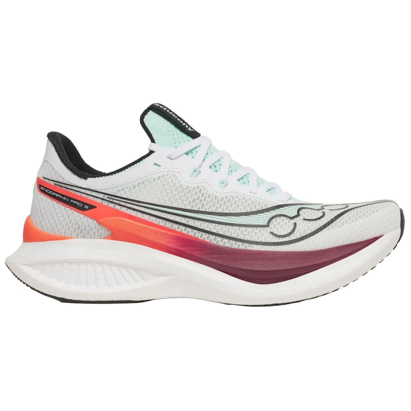 White running shoe with colorful sole on a white background