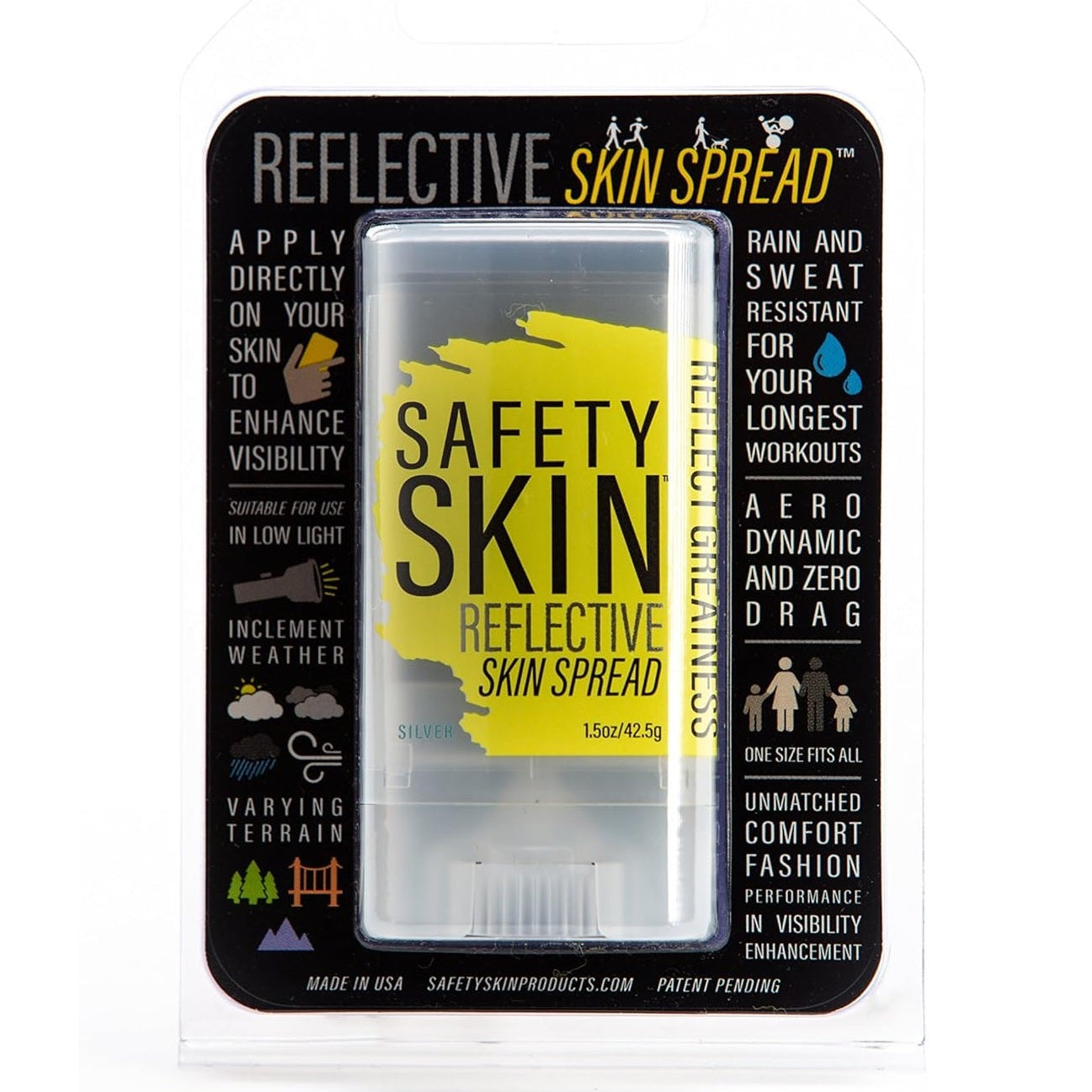 Packaging of Safety Skin reflective skin spread on a white background